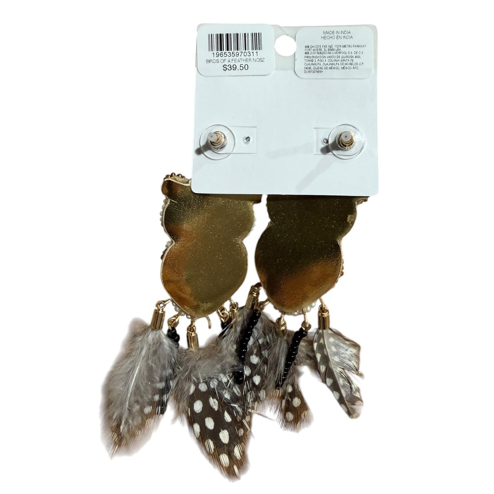 Chico's Birds of a Feather Owl Beaded Feather Dangle Earrings NWT No Droop - Picture 2 of 4